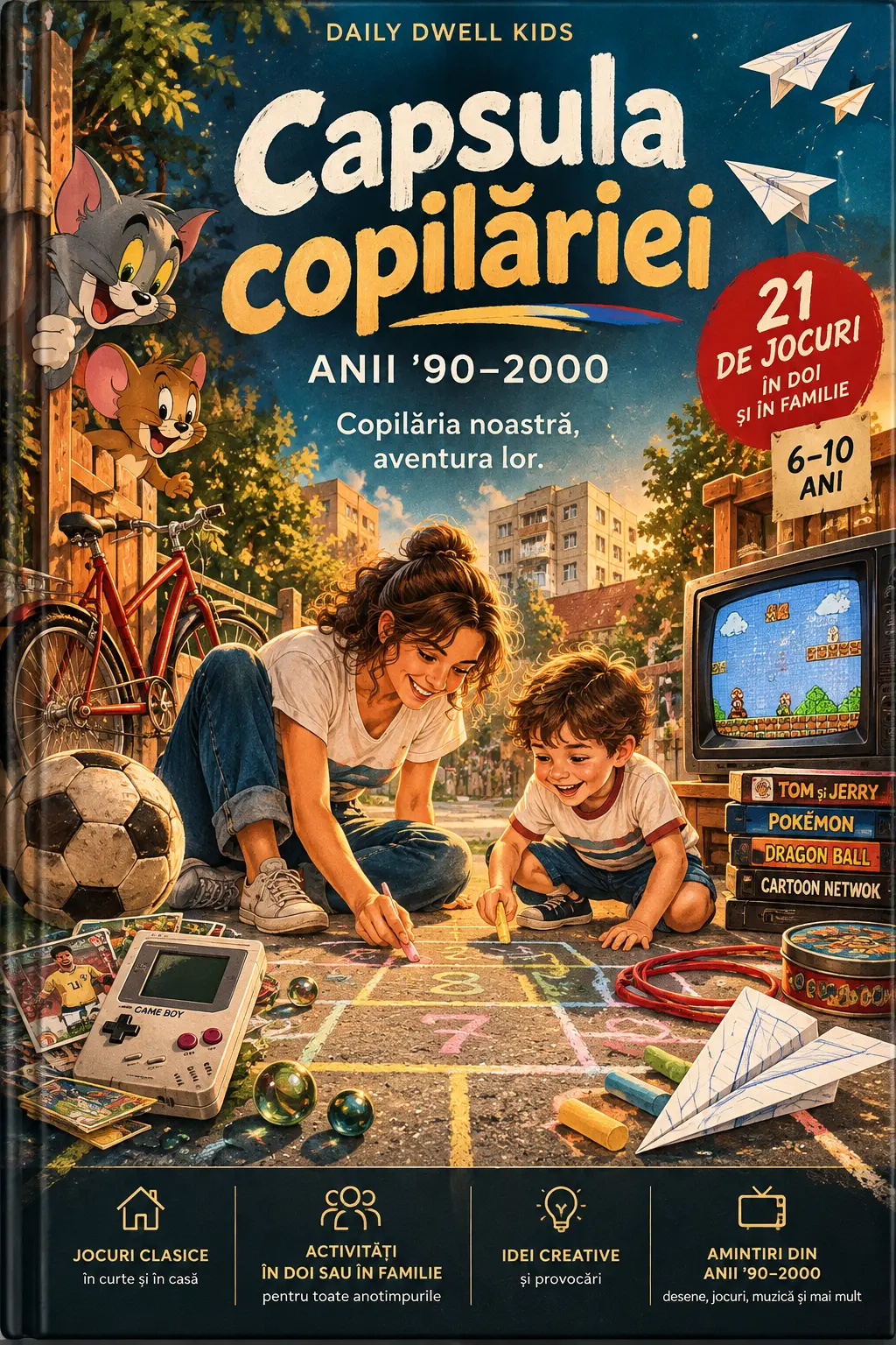Original Romanian Childhood Time Capsule cover: a parent and child playing hopscotch surrounded by nostalgic objects. The artwork shows 6–10 years and 21 games; approved website details are ages 7–14 and 23 games and activities.